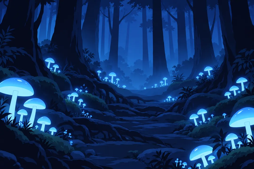 An empty wide view of the mossy forest floor covered in glowing blue mushrooms of many sizes, roots winding through the ground.
