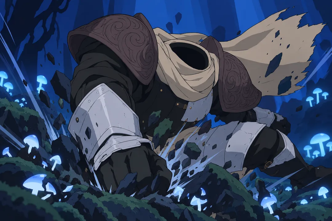 Extreme close-up on Lanterne's shoulder and gauntlet slamming into the moss and rock, dirt and small mushrooms scattering from the impact.