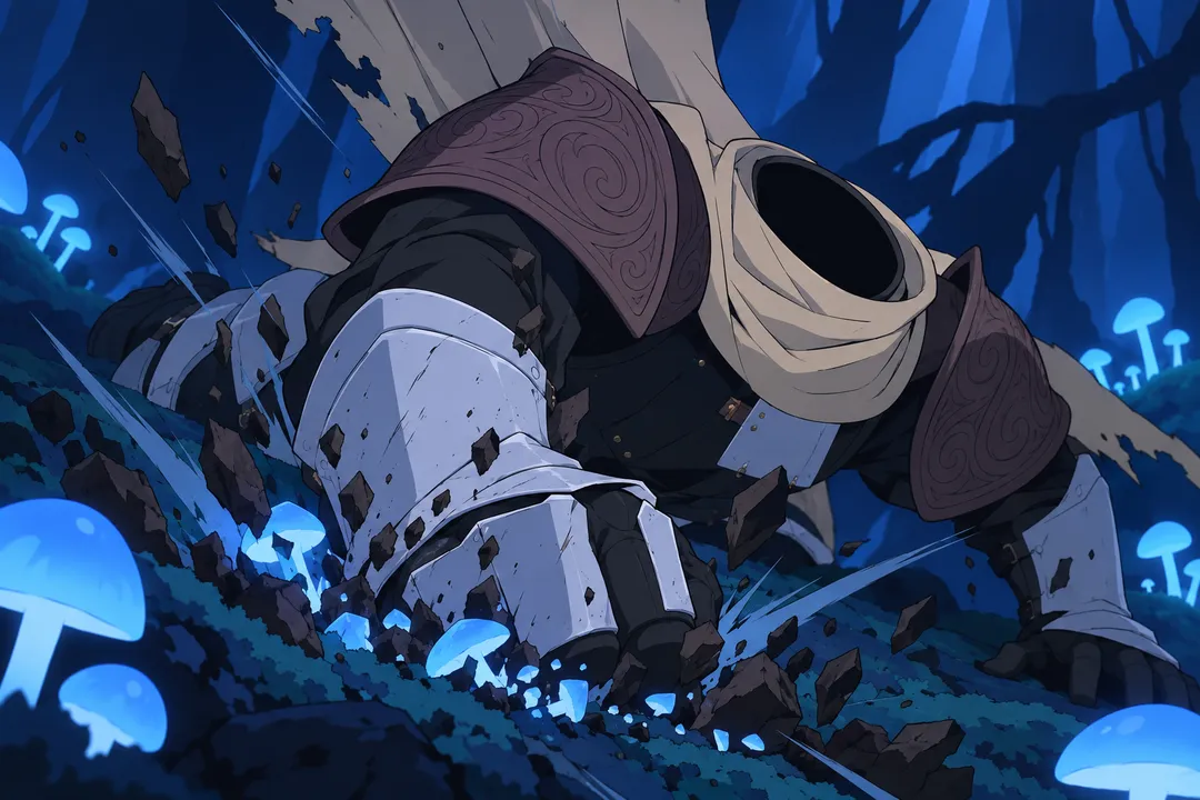 Extreme close-up on Lanterne's shoulder and gauntlet slamming into the moss and rock among the glowing mushrooms.
