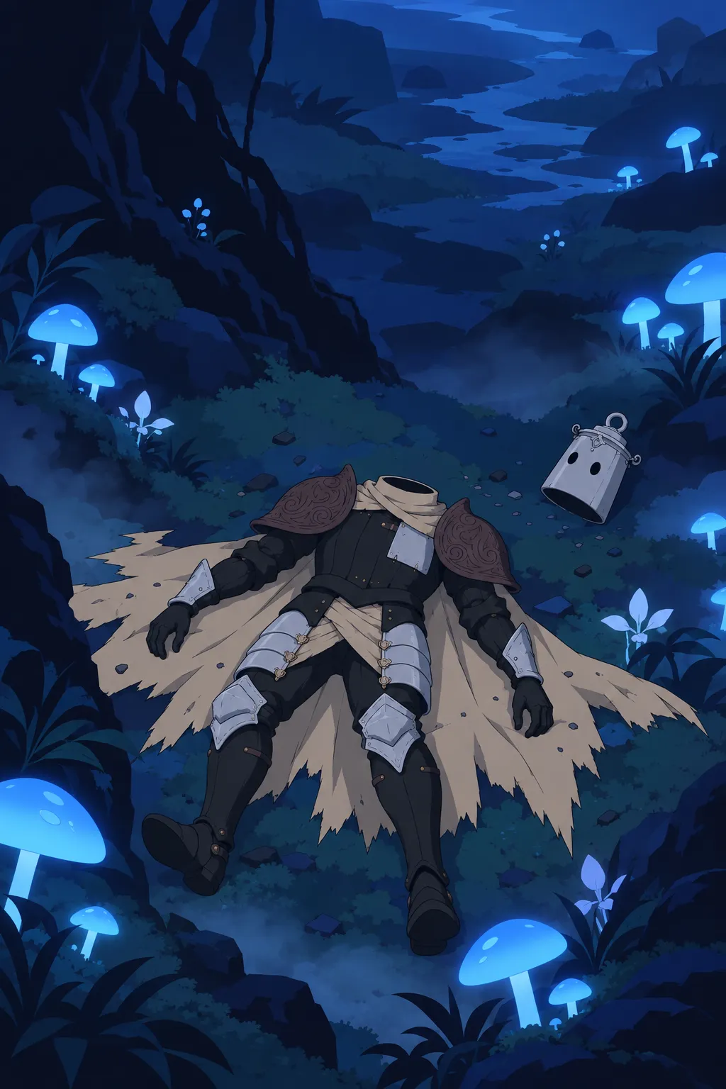 Lanterne lies collapsed on his back among the glowing mushrooms, cape spread beneath him.