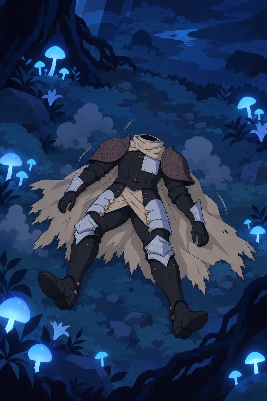 Lanterne lies collapsed on his back among the glowing mushrooms, cape spread beneath him.