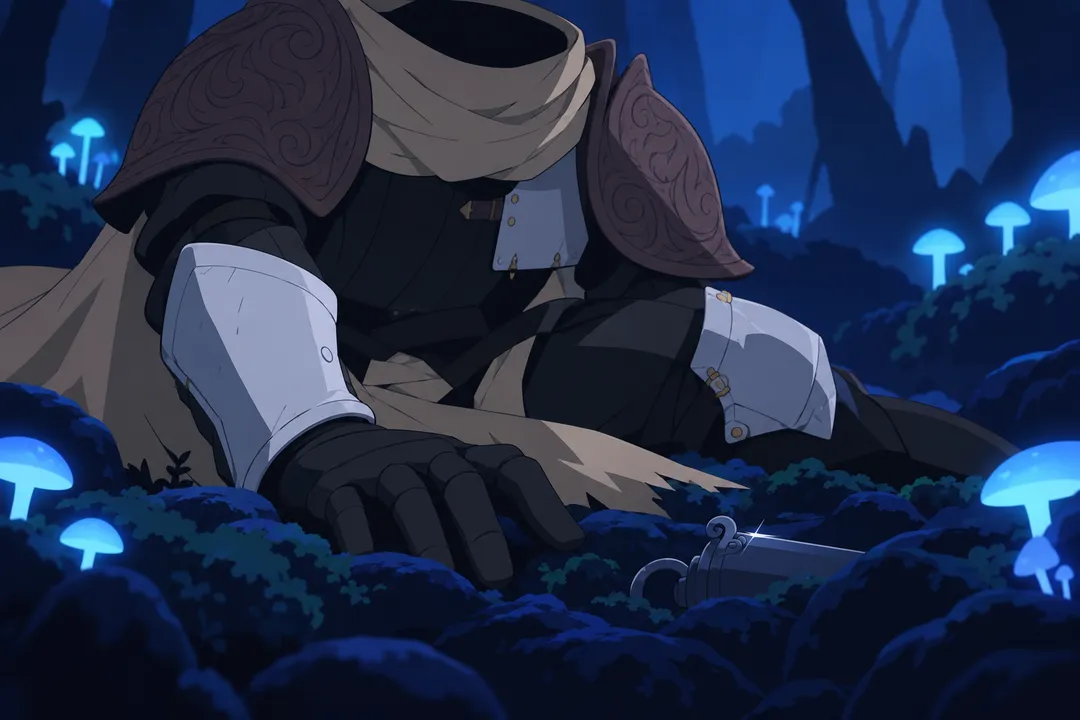 Close-up on Lanterne's gauntlet hand resting open on the rocky moss beside his cape.