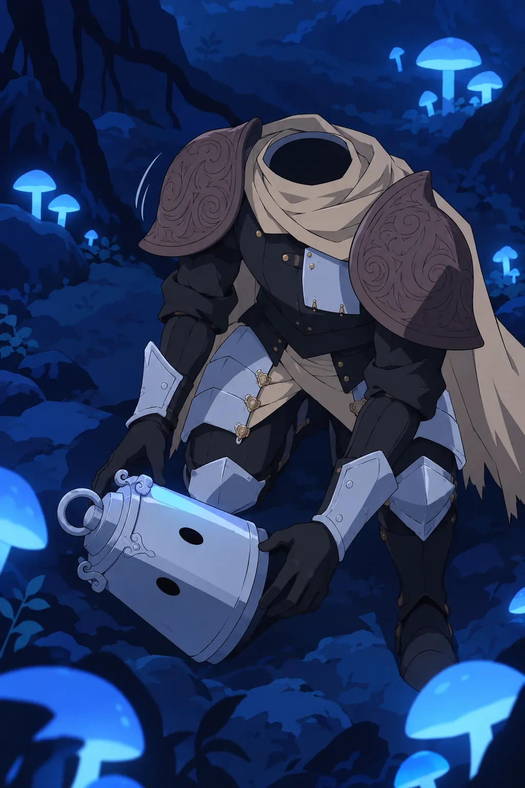 Close-up from above on Lanterne's pale lantern-shaped helmet and bronze-brown pauldrons as he turns his body toward the glinting object.
