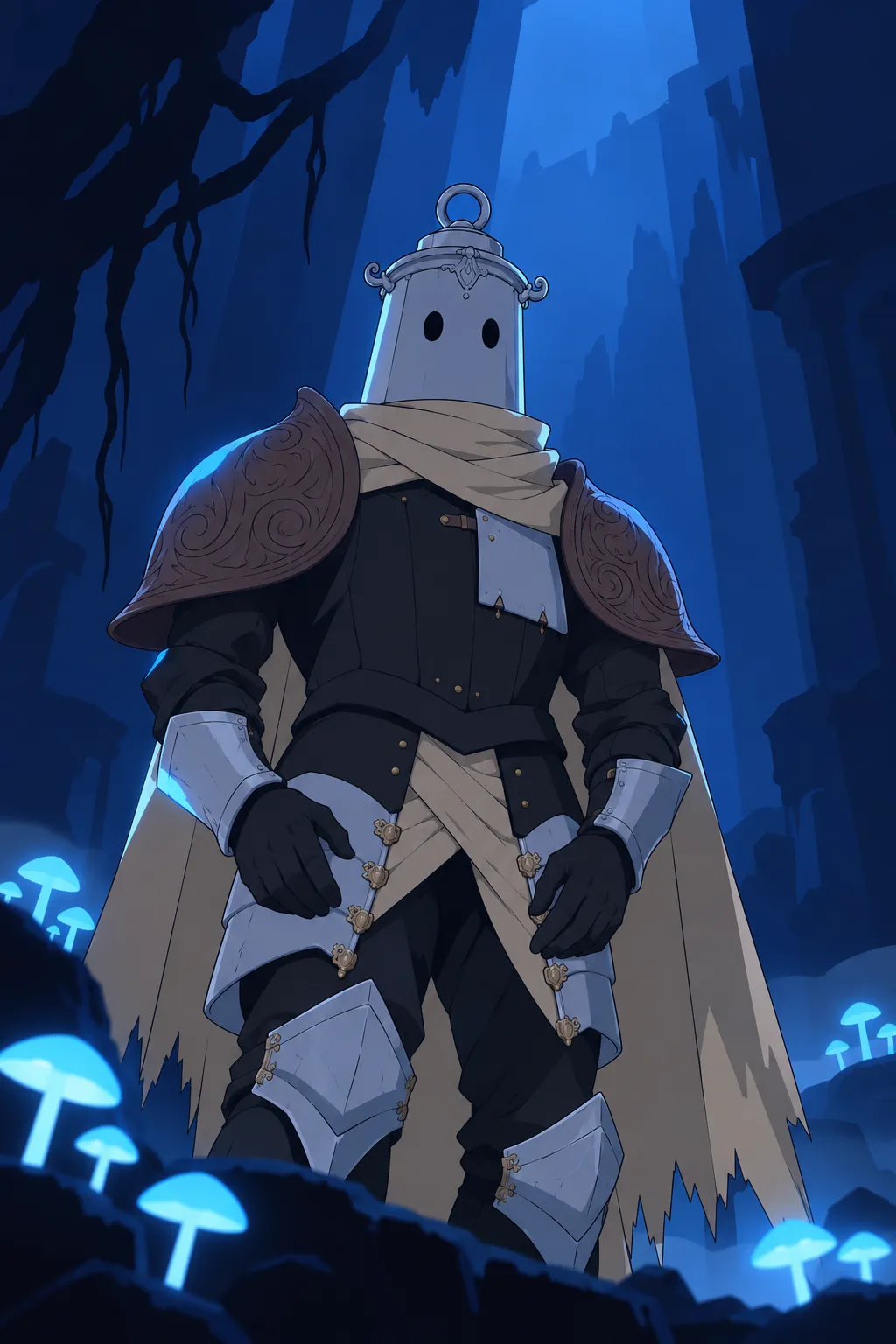 Close medium shot of Lanterne's torso and lantern-shaped helmet, seen from a low front angle.