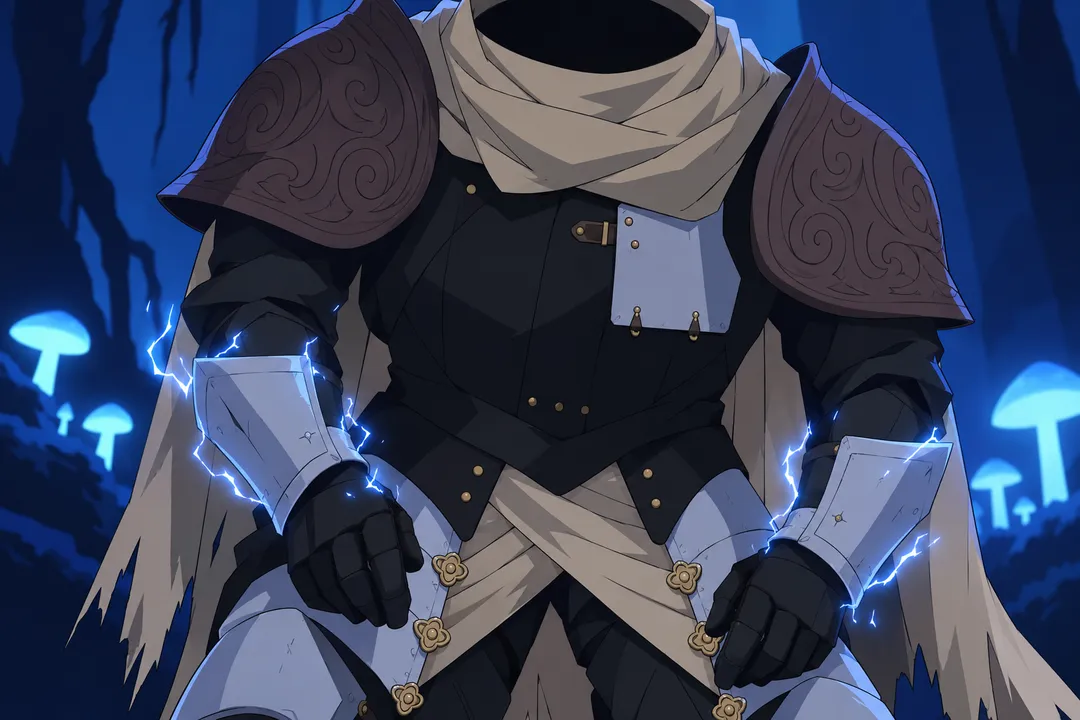 Tight shot on Lanterne's gauntlets resting near the belt buckles at his waist, dark quilted chest plate above.