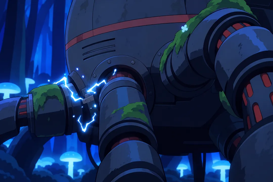 Extreme close-up on the alien machine's rusted joint where a leg meets its round body.
