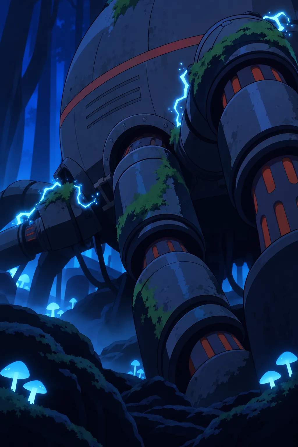 A fragment of the alien machine's rounded body glimpsed close, thick segmented tube legs curling in the foreground.