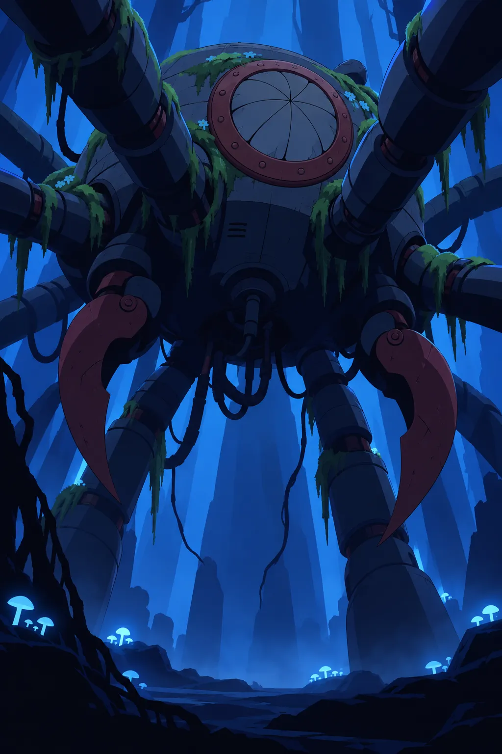 Very tall low angle reveal, the alien machine's colossal round body and its many segmented legs radiating outward filling the whole frame…