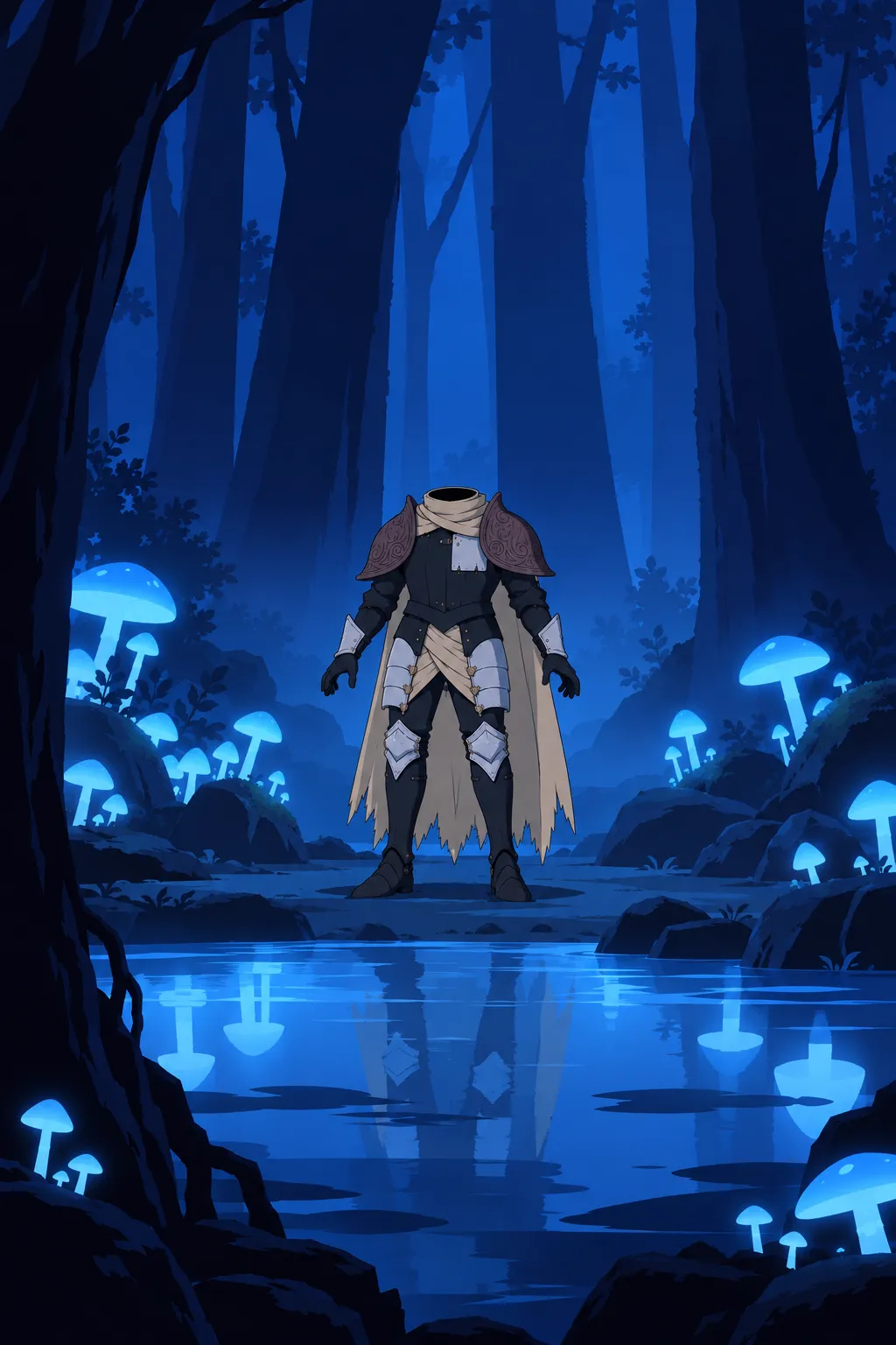 Wide shot of Lanterne standing small in a clearing among glowing mushrooms and a still pool of blue water.