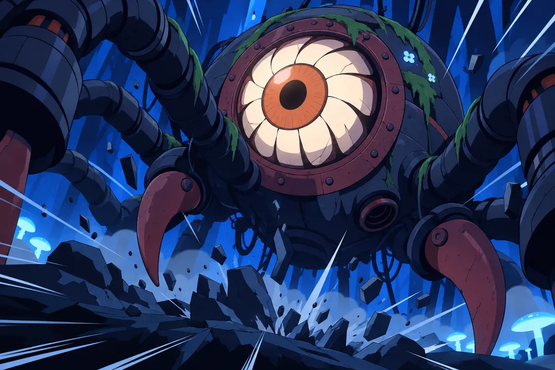 Extreme close-up from below on the alien machine's gigantic orange-brown eye, petal-shaped lens plates fully open.