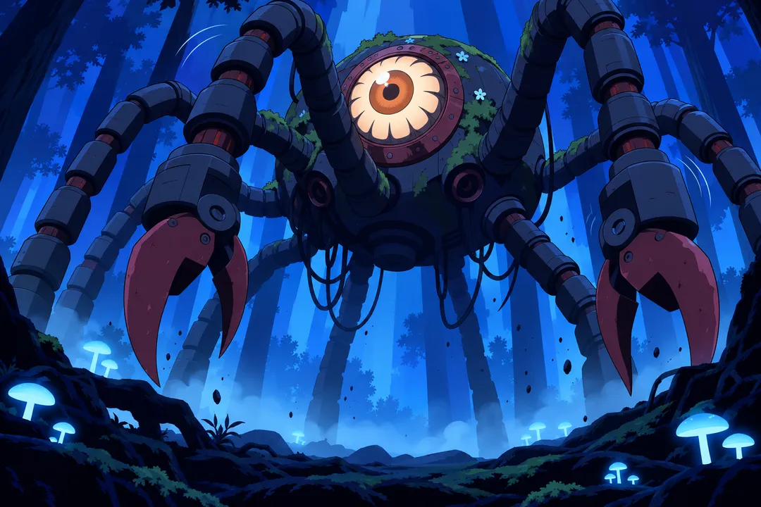 Low angle shot of the alien machine fully risen on its segmented legs, its huge orange-brown eye wide open and glaring down.