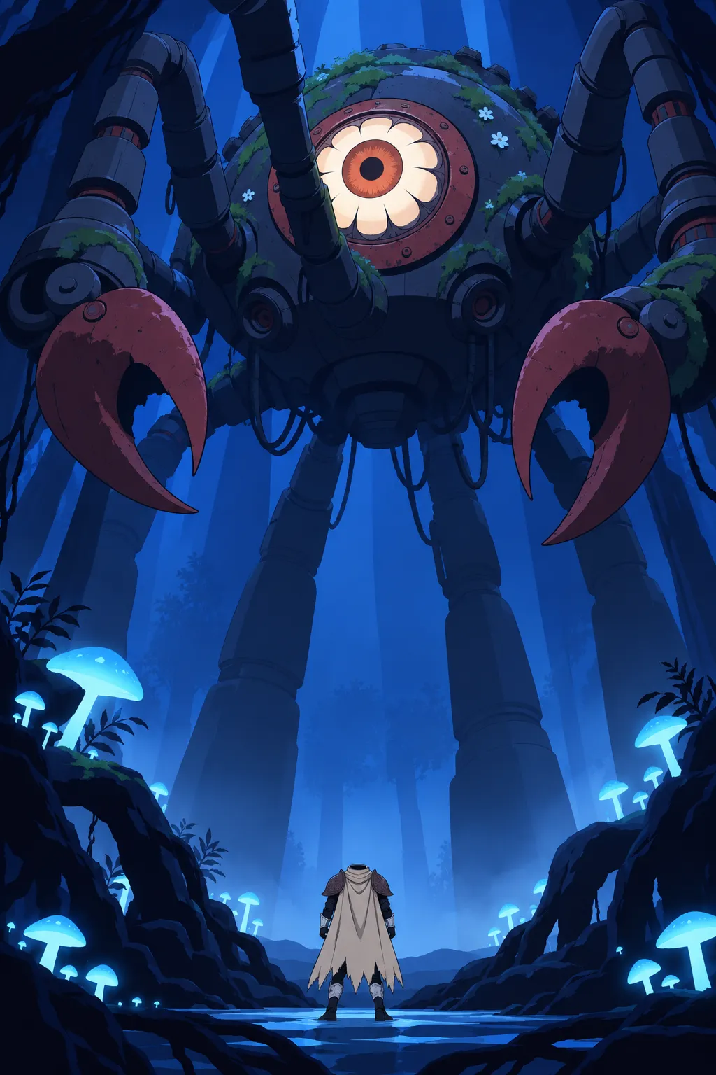 Very tall low angle shot, the alien machine at full height with its glowing eye and red claws spread wide above.