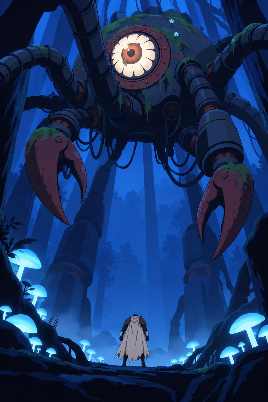 Very tall low angle shot, the alien machine now at full towering height with its glowing eye and claws spread wide above.