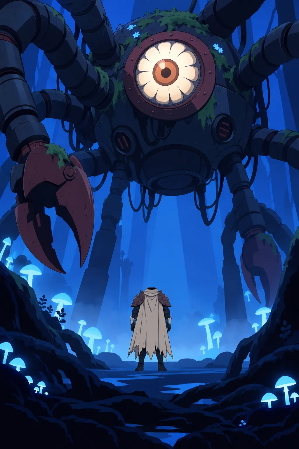 Wide shot from slightly closer, Lanterne standing utterly still amid roots and mushrooms.