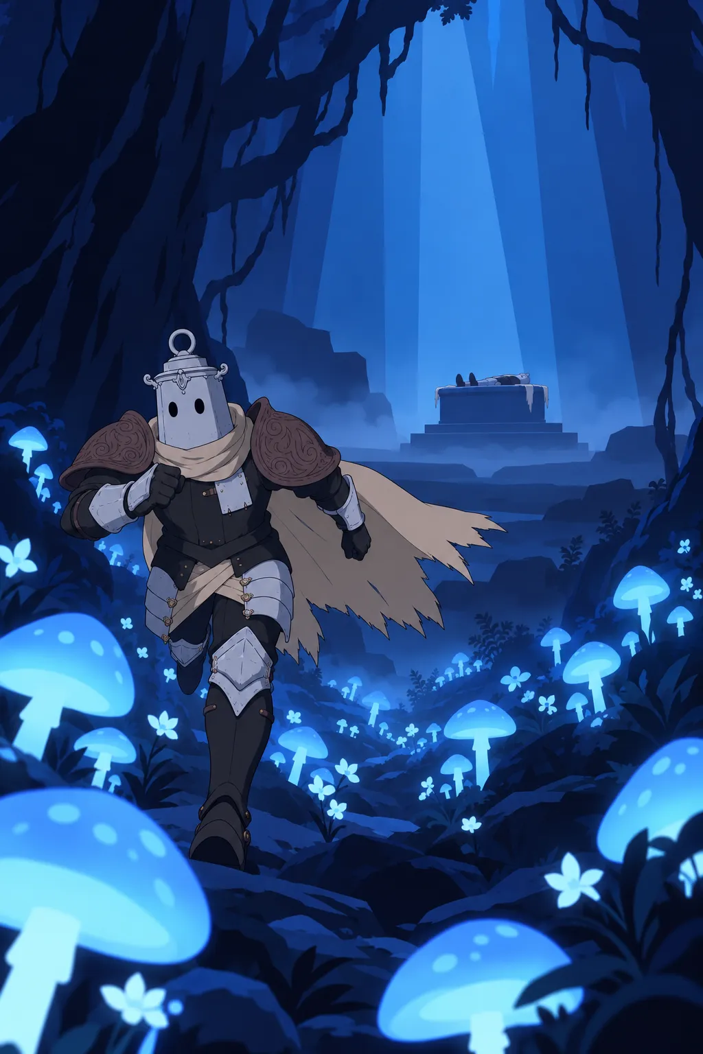 Lanterne sprints through a dense field of glowing blue mushrooms and small white flowers, arms pumping.