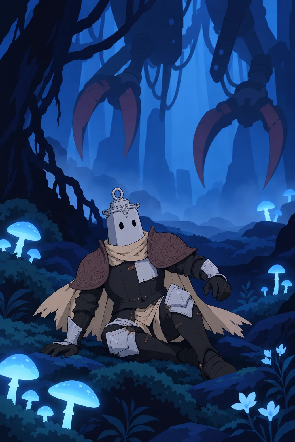 Lanterne sits abruptly on the mossy ground amid mushrooms and roots, having tumbled or paused.