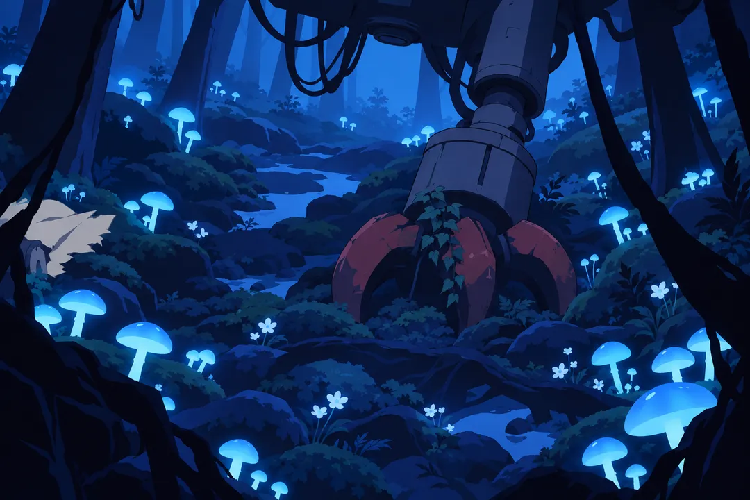 Wide atmospheric shot of the mushroom-covered forest floor, the machine's massive clawed limb resting heavily among the glowing foliage.