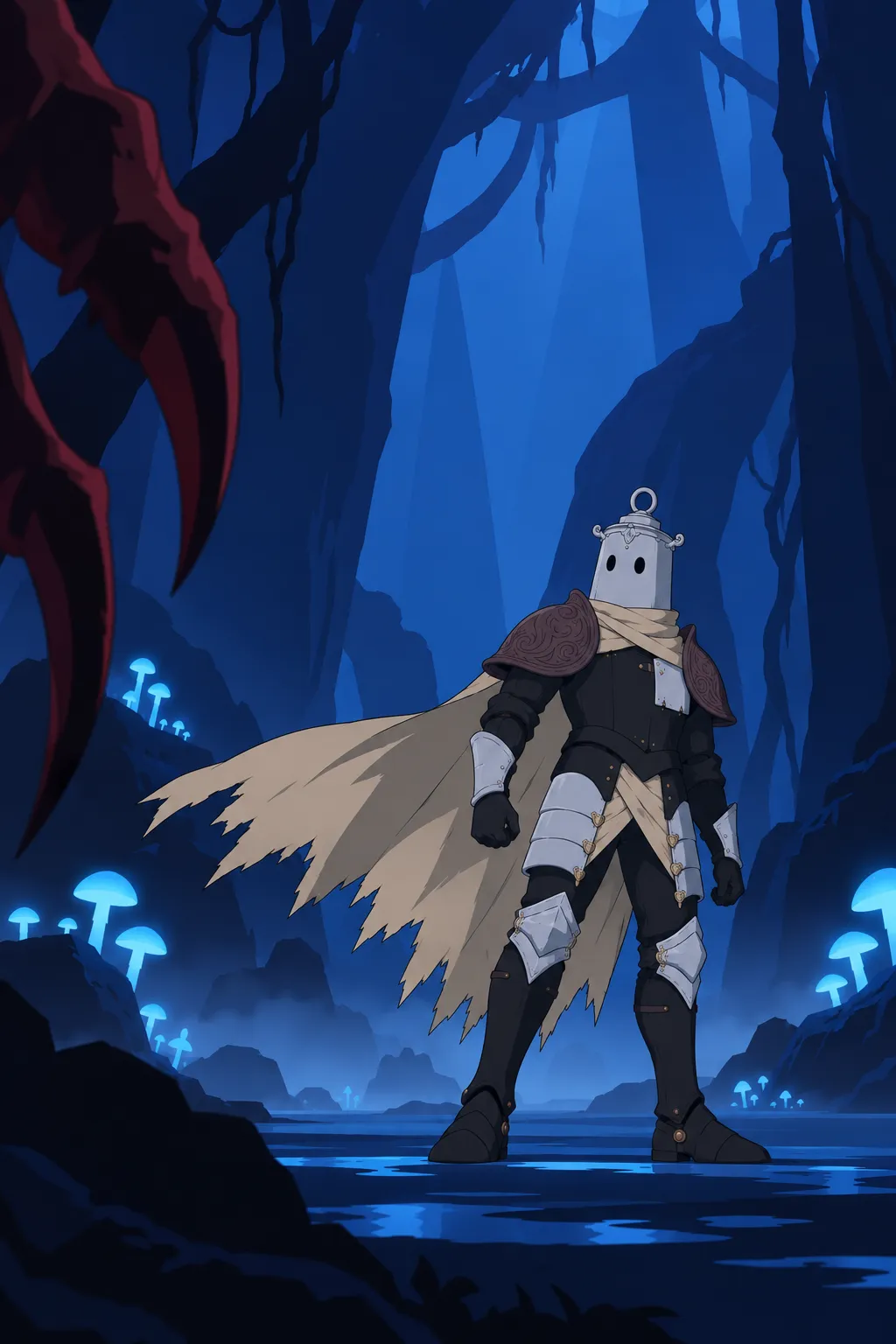 Lanterne stands facing right among dark trunks, cape streaming out behind him, a red claw intruding at the far left edge of the frame.