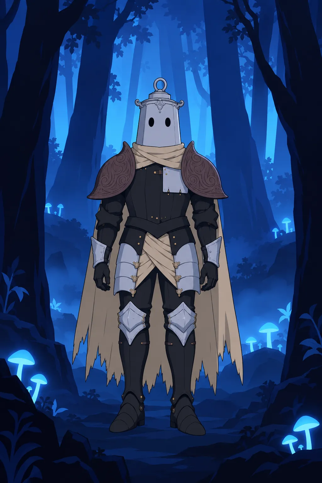 Lanterne stands motionless facing the camera among glowing cyan tree trunks, his cape and scarf still from the earlier landing.