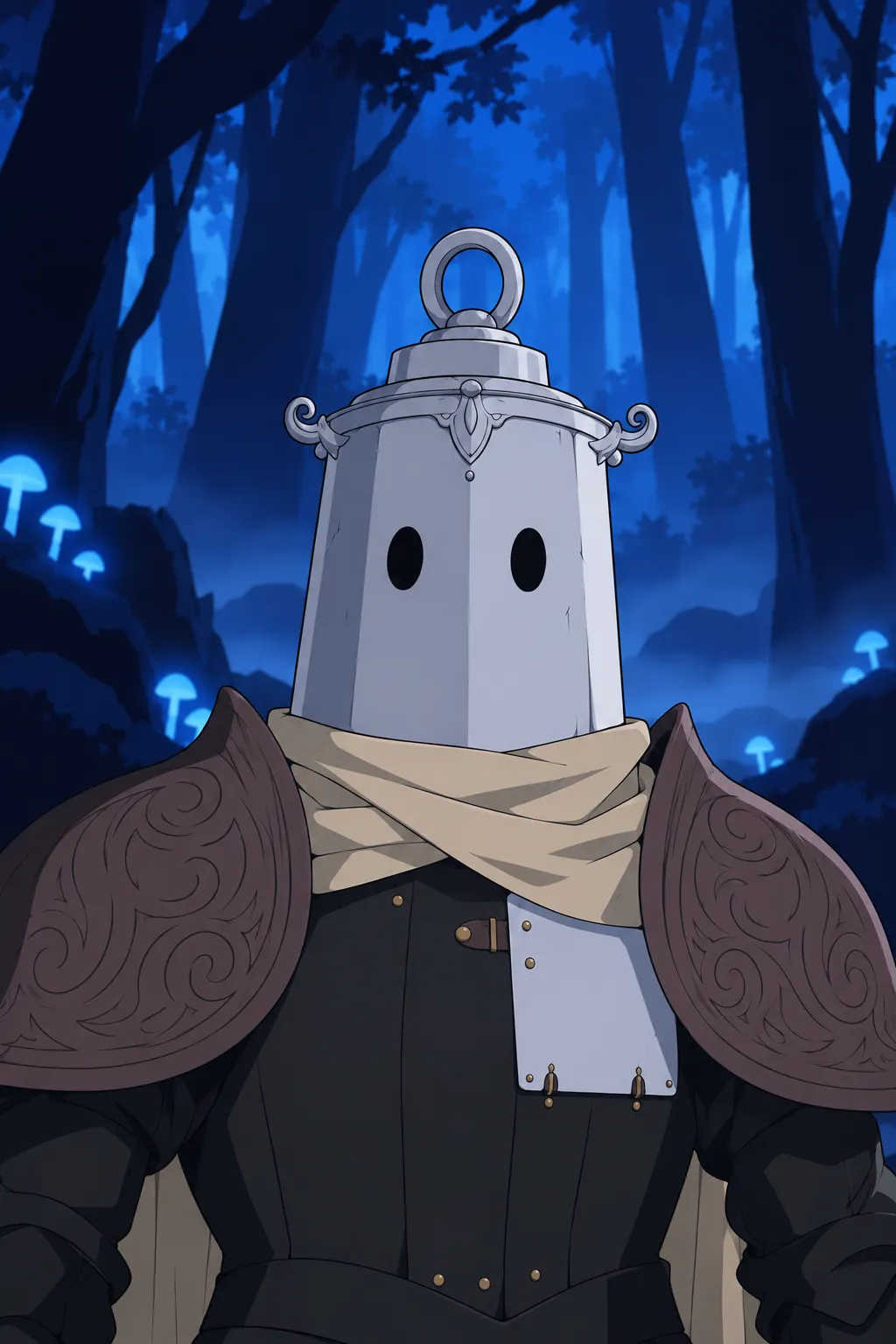 Close on Lanterne's helmet and shoulders, unmoving, eye holes dark and blank as he registers a distant sound in the misty trees.