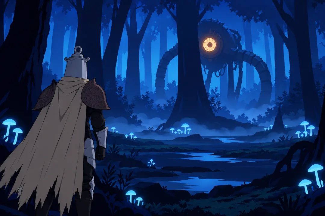 Wide shot from behind Lanterne's shoulder in foreground silhouette.