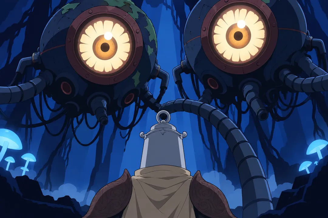 Low angle extreme close up on Lanterne's small helmet in the foreground as two colossal glowing amber eyes snap wide open above him.