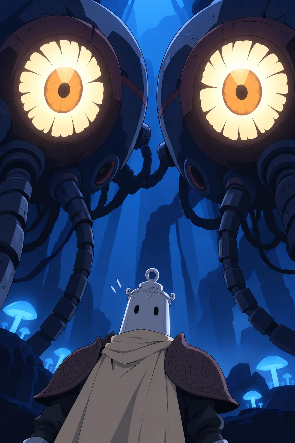 Extreme close up held on Lanterne's small helmet dwarfed between the two colossal amber eyes, both now fully open and blazing.