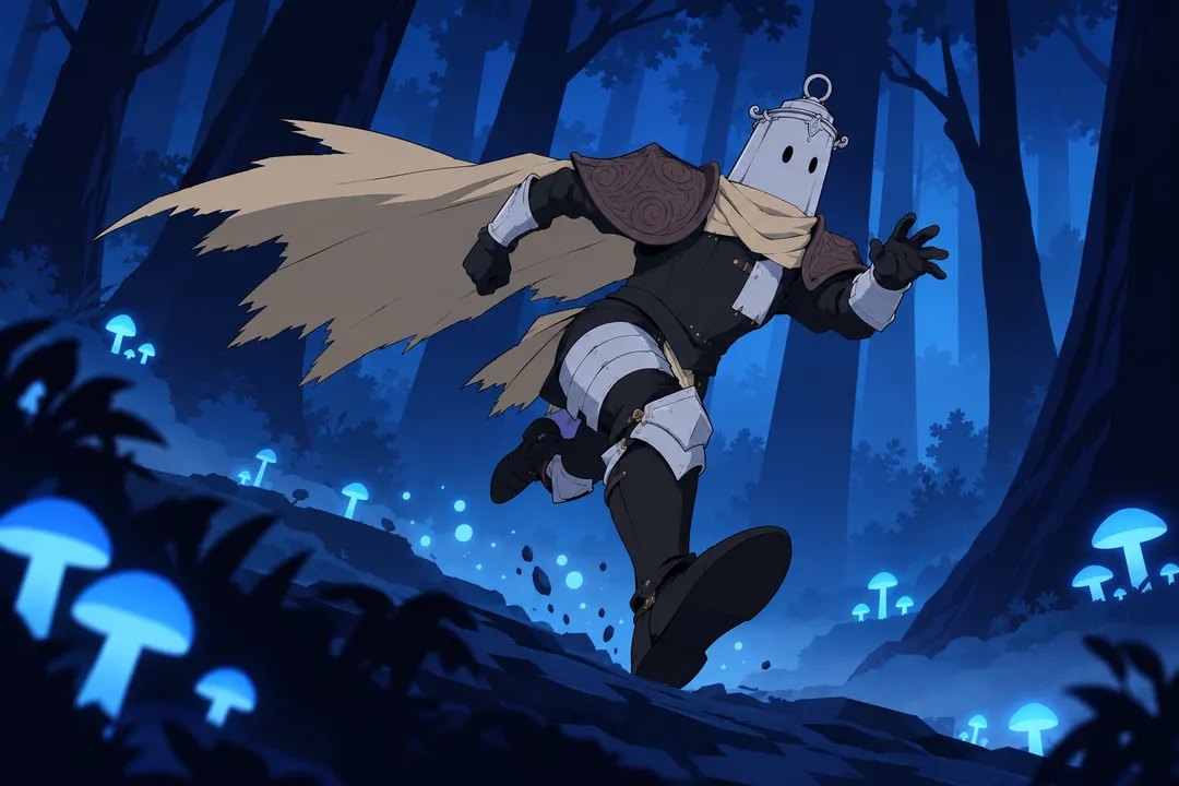 Lanterne sprints through the mushroom-lit forest, cape and scarf whipped violently behind him, one arm thrown forward.