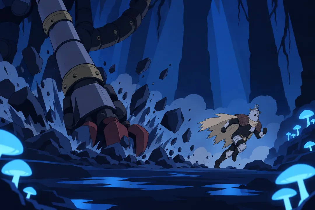 Wide shot of Lanterne fleeing small through the mushroom clearing as one of the machine's colossal tentacle arms slams down beside him.