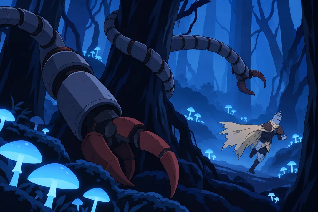 Close on the machine's mechanical tentacle arms curling around the black trunks like snakes.