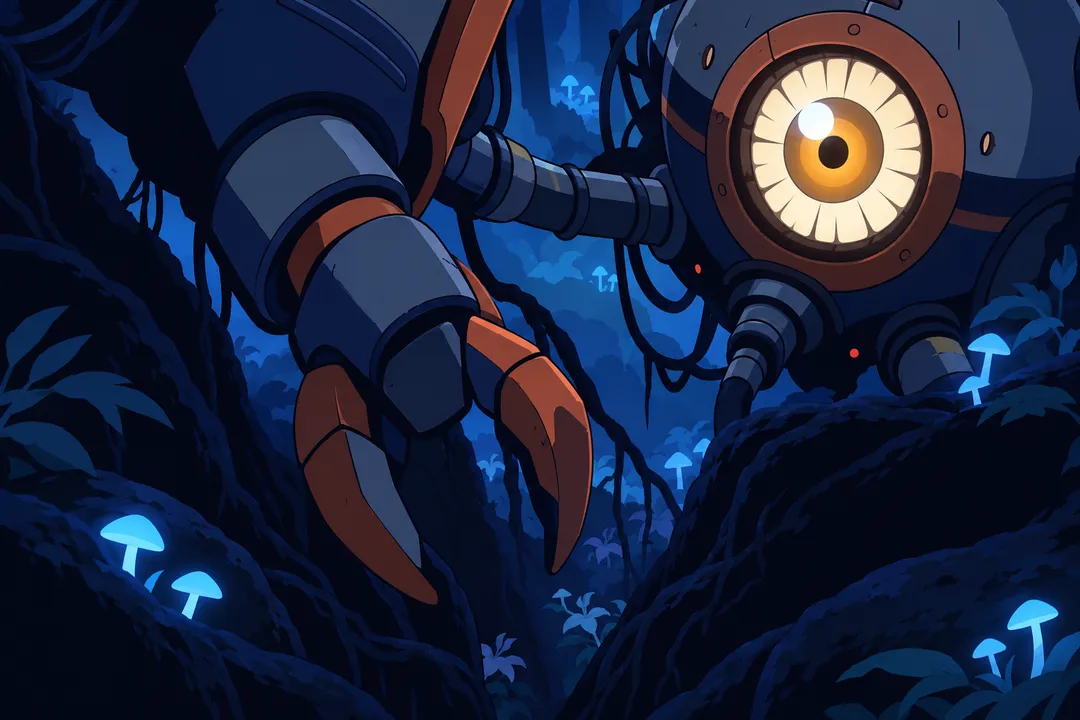 Close shot of the machine's glowing eye and a massive orange-jointed claw reaching down into a narrow gap between roots.