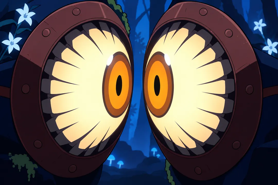 Extreme close up of the machine's two eyes wide open side by side, orange irises blazing within toothed metal rims.
