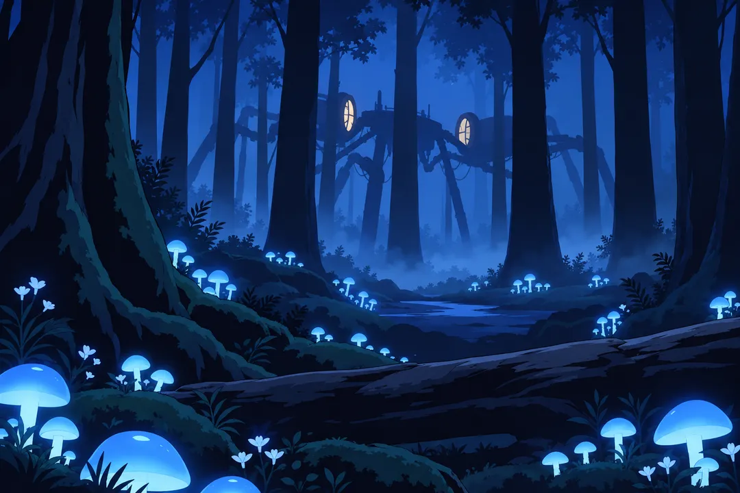 Wide shot of the blue forest at night, a colossal spindly-legged machine looms motionless far among the black trunks while a pale glow…