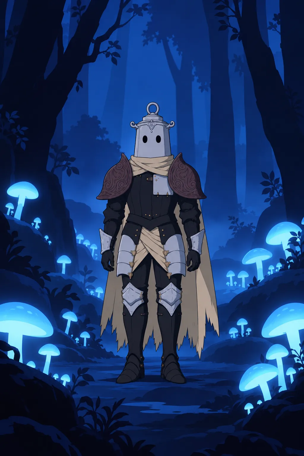 Lanterne stands still facing the camera amid a field of glowing blue mushrooms, black trunks rising behind him.