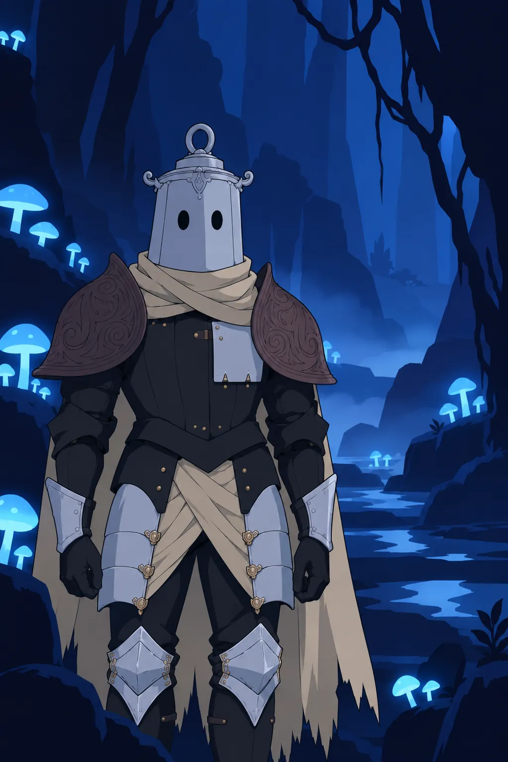 Closer view of Lanterne standing still among the mushrooms, his ornate pauldrons and cream scarf visible.