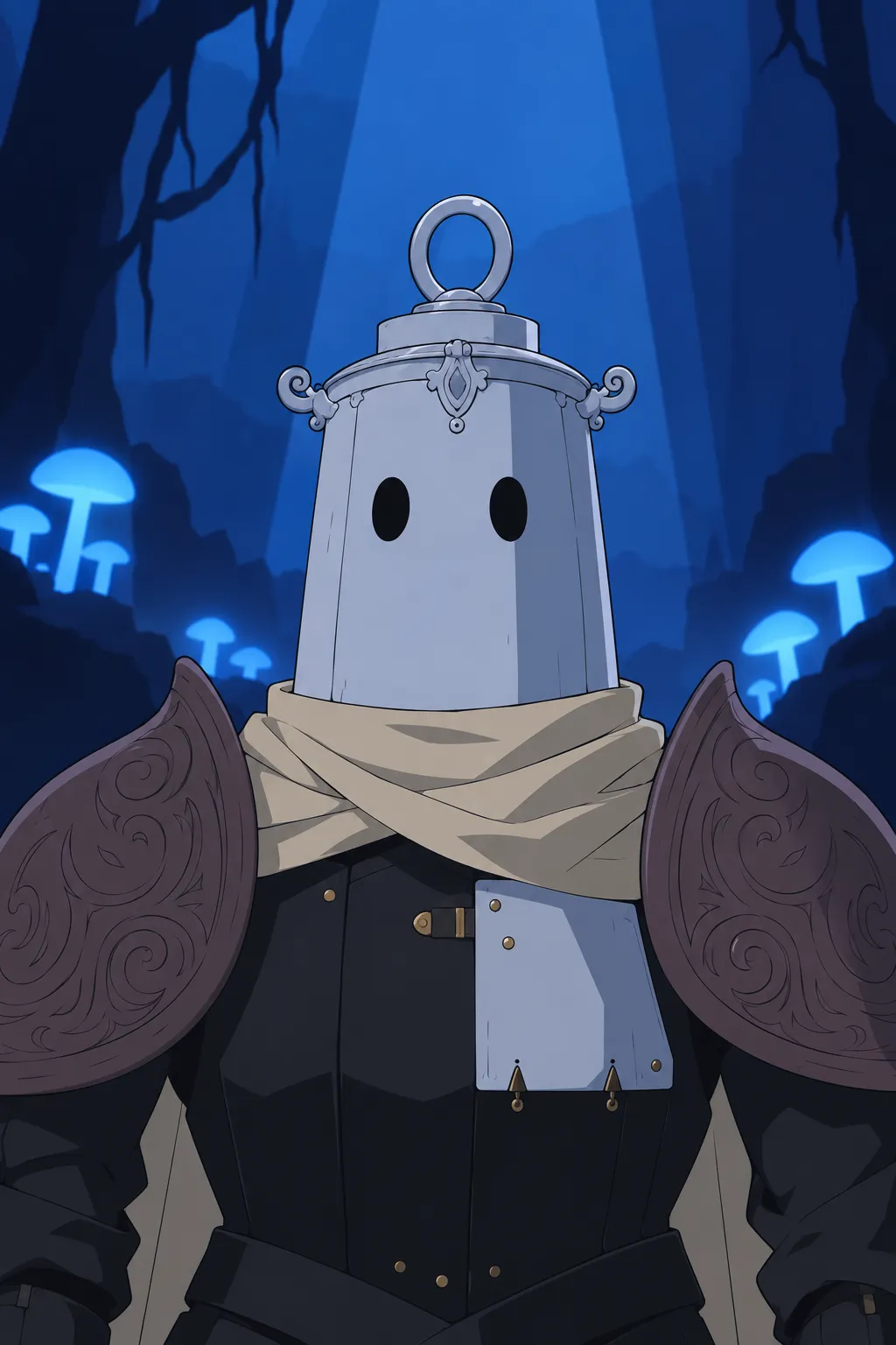 Close up of Lanterne's head and shoulders, the pale lantern-shaped helmet catching the cold blue light, its dark oval eyes fixed forward.