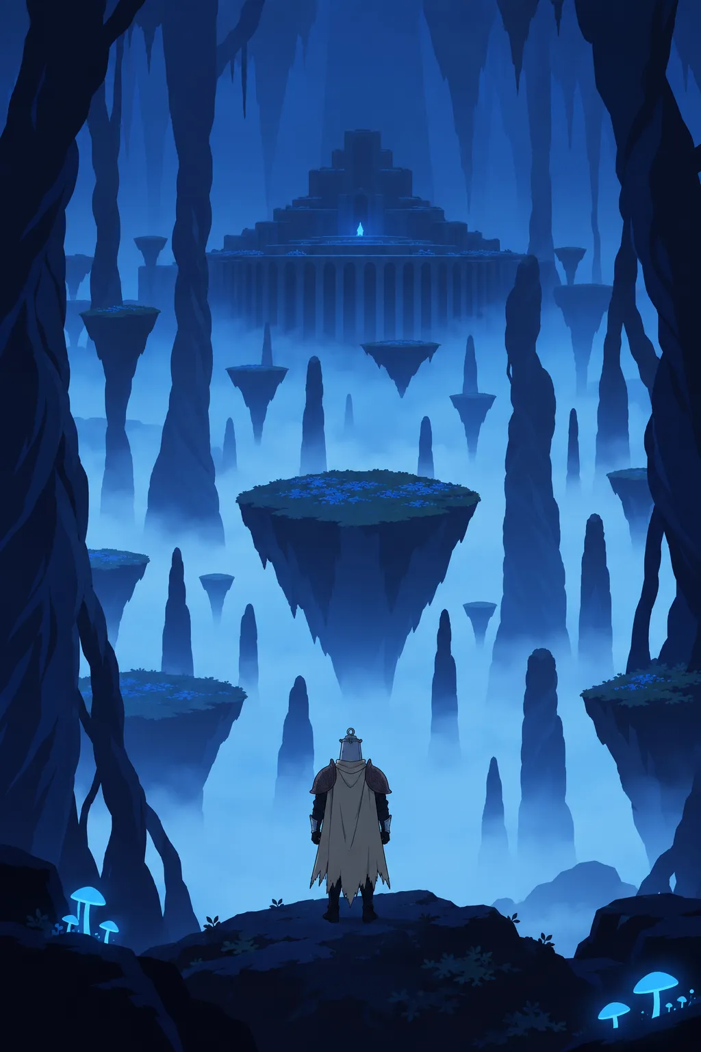 Lanterne stands small on a rocky outcrop, seen from behind, facing a vast misty chasm filled with floating stone platforms.