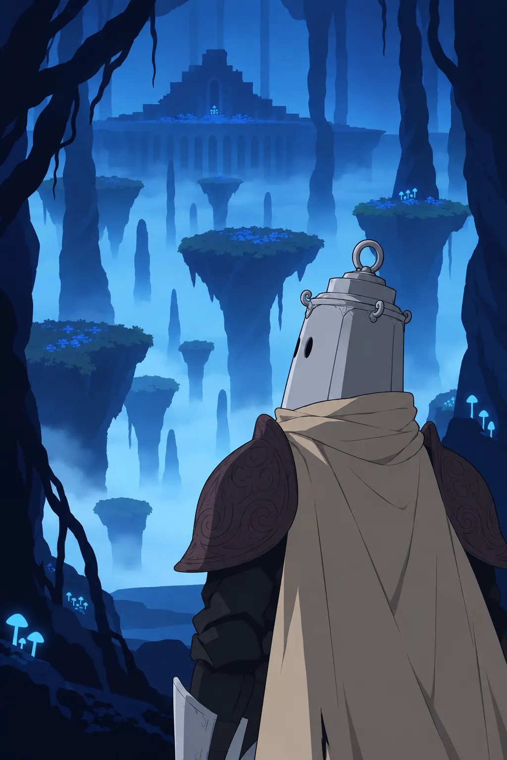 Close up of Lanterne from behind, his head turning slightly toward the misty chasm, his scarf and pauldrons lit by the cold blue haze.