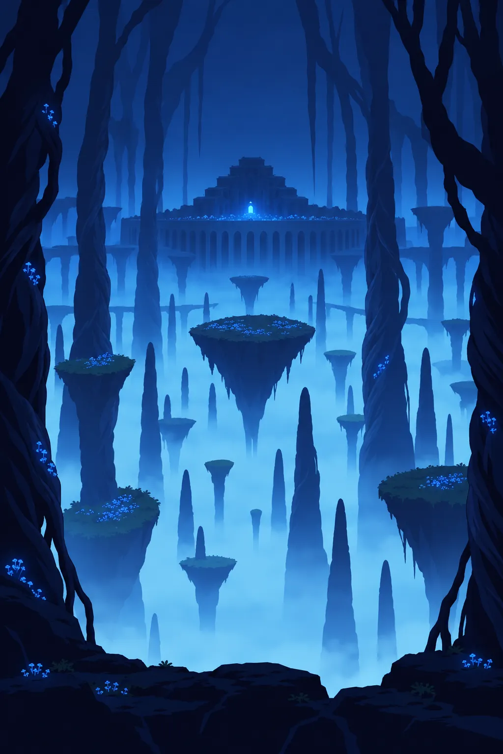Vast wide shot of the misty underground cavern, colossal twisted root-spires rising into the dark.