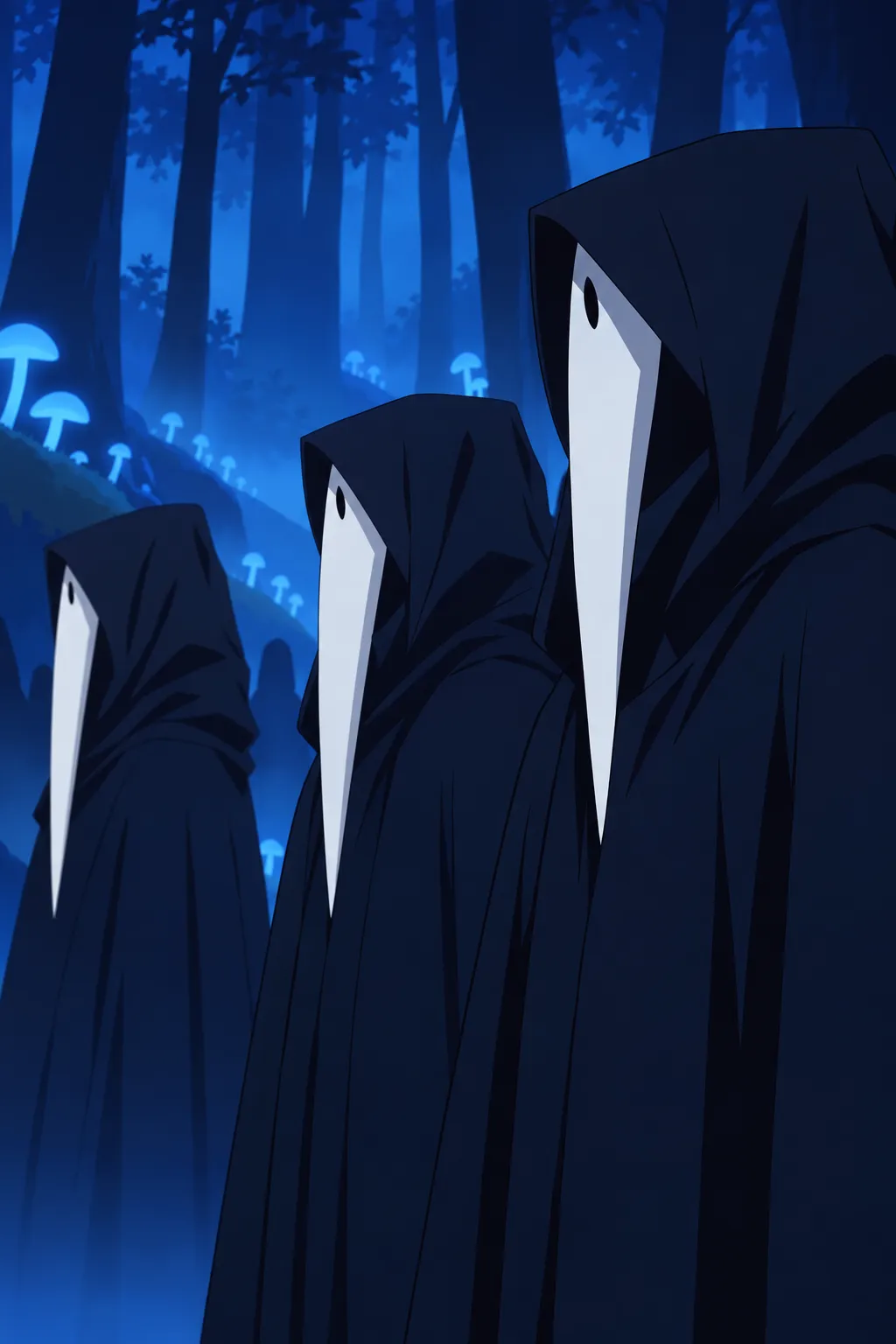 Close view on several hooded cloaked figures, their pale elongated mask-faces catching cold blue light beneath heavy dark hoods.
