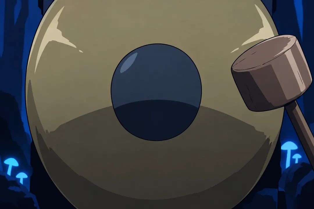 Extreme close-up on the round golden gong, its dark circular boss reflecting cold light, a wooden mallet hovering just above the surface.