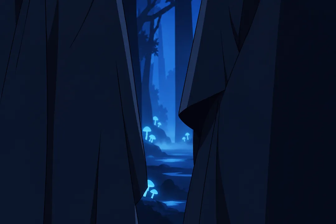 Narrow view seen between the folds of two hooded cloaked figures, a faint glowing blue shape distant in the haze beyond them.