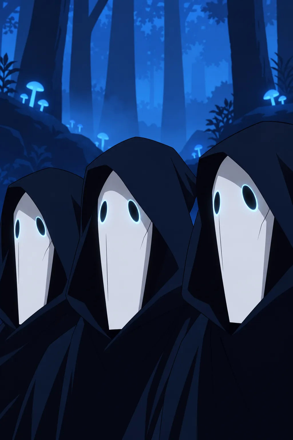 Close-up on three hooded figures, their eye-holes now marked with a faint blue glow, facing forward in unison.