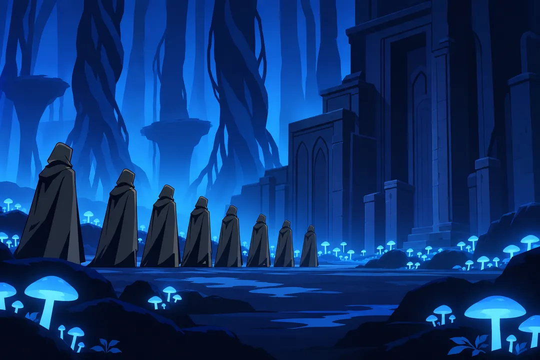 Wide shot of a row of hooded cloaked figures standing in single file.