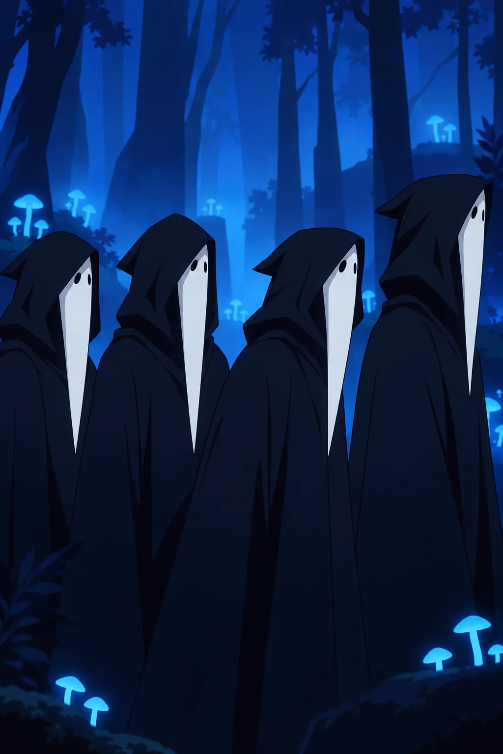 Close view on four hooded cloaked figures standing close together.
