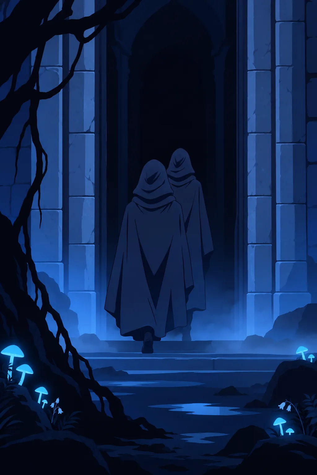 Two hooded cloaked figures walk together, seen from behind.