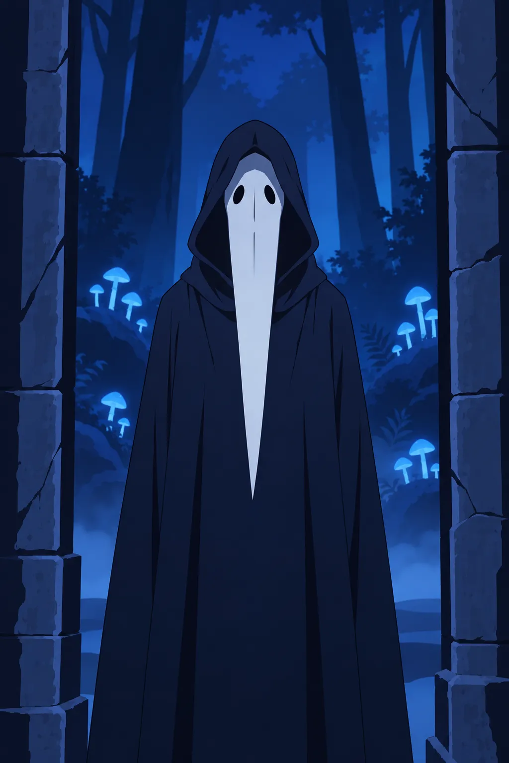 A single hooded cloaked figure stands framed between the stone pillars of the doorway.