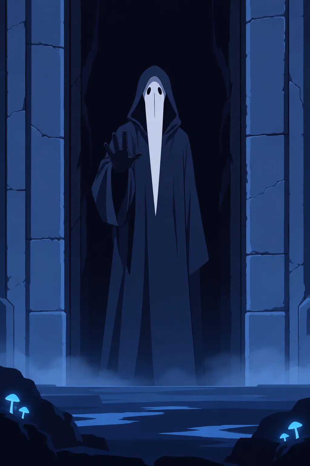 The lone hooded figure stands in the stone doorway, its pale elongated mask-face facing directly forward, one hand slowly rising.