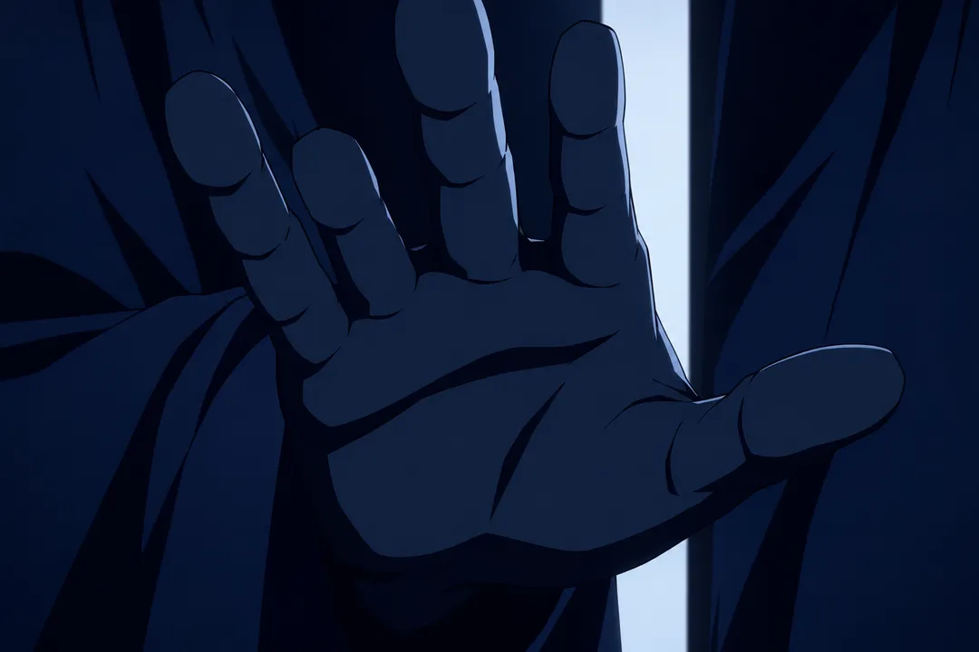 Extreme close-up on an open hand reaching forward into darkness, fingers spread, the stone doorway a pale sliver of light behind it.