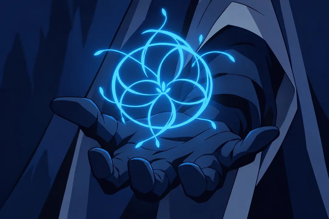 A glowing blue magical circle with an intricate flower-like design begins to bloom in threads of light just above the open palm.